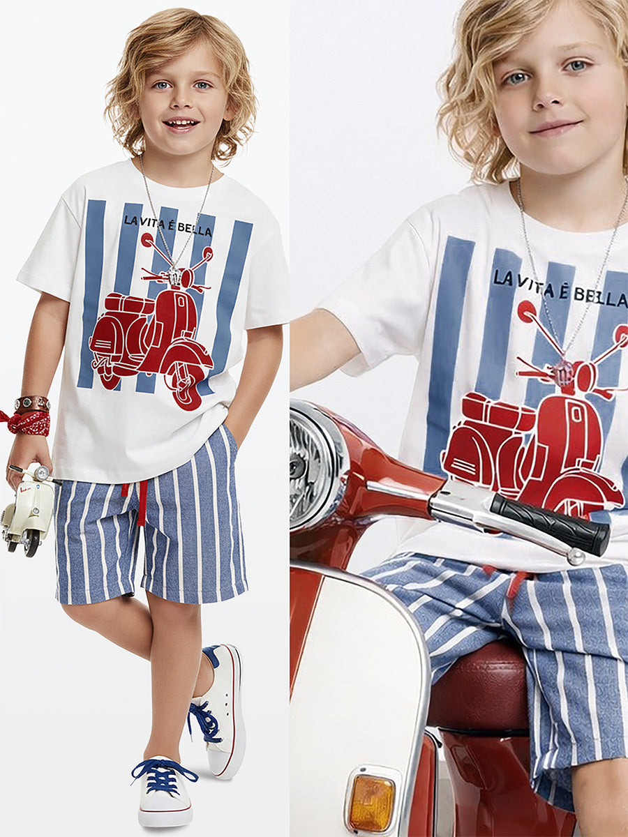 Ensemble garçon 2 pièces t-shirt imprimé moto et short rayé – Style et confort au quotidien