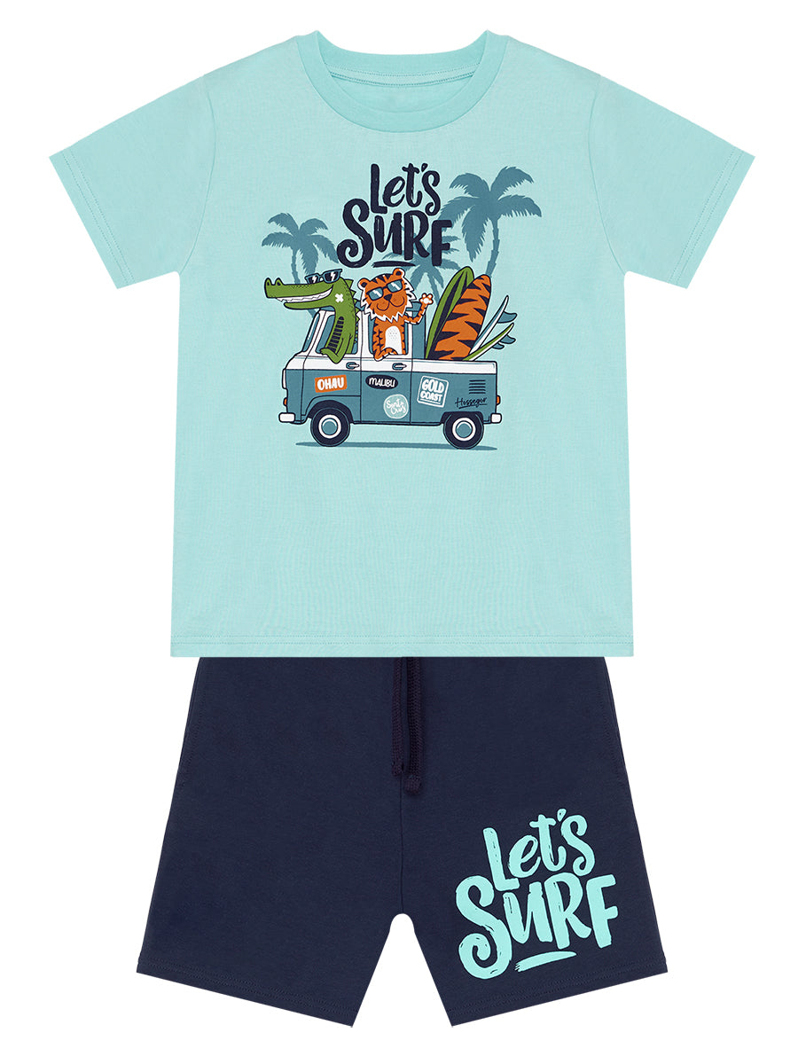 Ensemble garçon 2 pièces t-shirt imprimé surf et short – 100% coton
