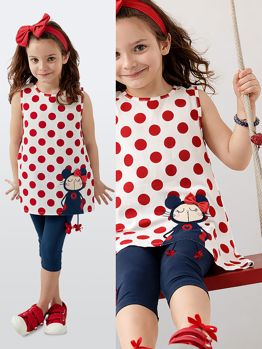 Ensemble Fille 2 Pièces Tunique à Pois & Legging avec Motif Fille Animé