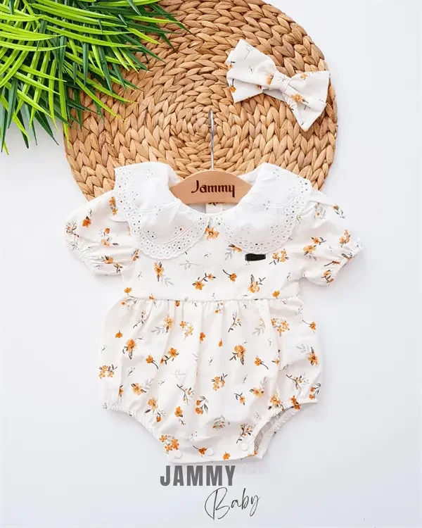 Ensemble Bébé Barboteuse avec Col Dentelle et Bandana Lydie - Justyol