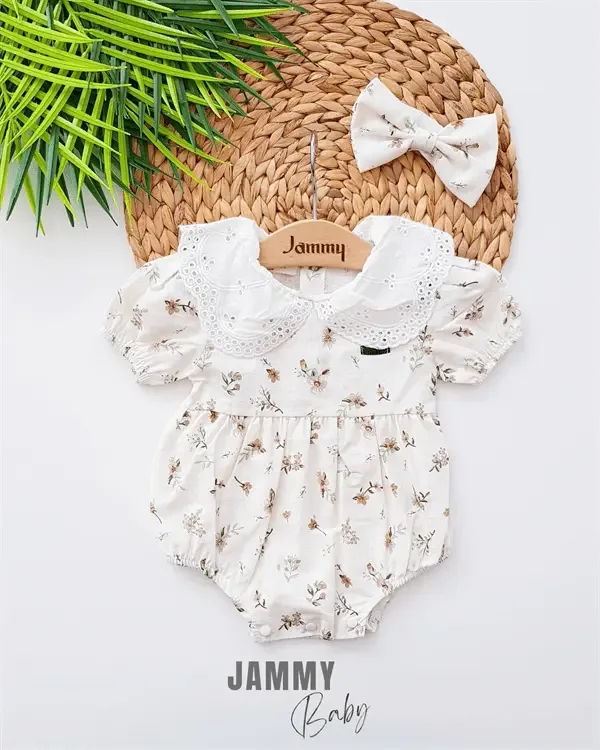 Ensemble Bébé Barboteuse avec Col Dentelle et Bandana Lydie - Justyol