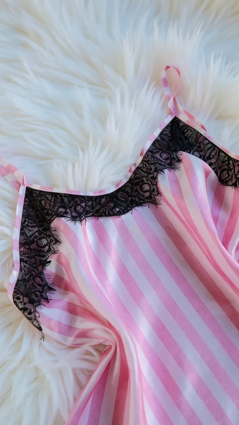 Ensemble de nuit satin rayé avec dentelle élégante - Justyol