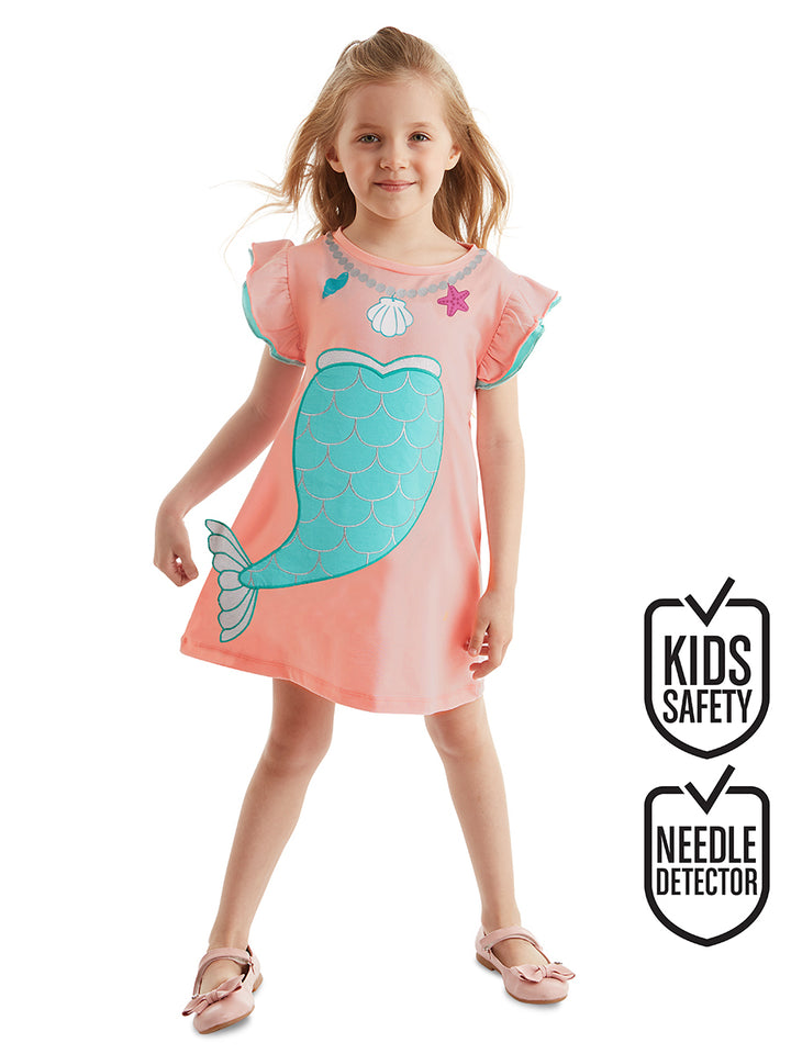 Robe Fille en Coton avec Motif Queue de Sirène & Manches Volantées