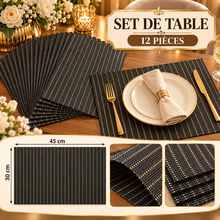 NAPPERSON - Set de 12 Sets de Table noir– 45 × 30 cm