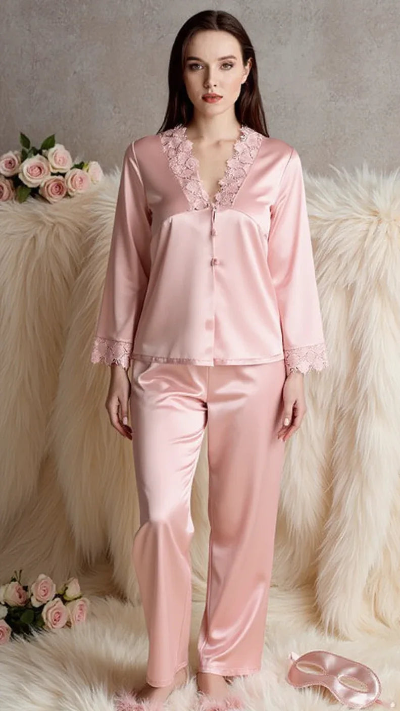 Ensemble pyjama satin raffiné avec détails en dentelle - Justyol