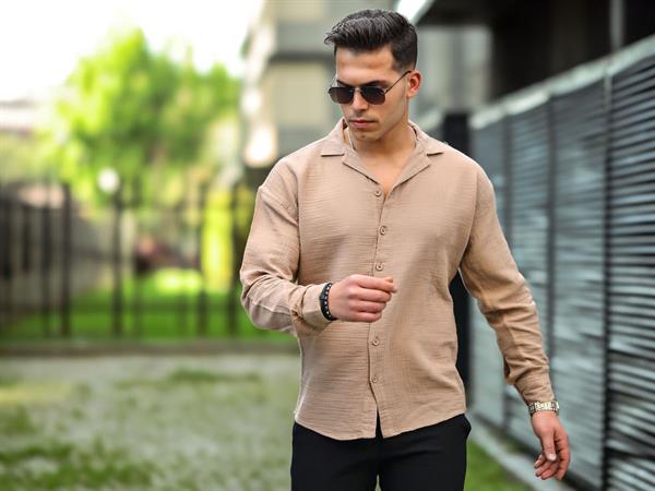 Chemise Homme Oversize en Mousseline de Coton à Col Cubain