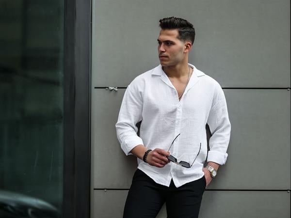 Chemise Homme Oversize en Mousseline de Coton à Col Cubain