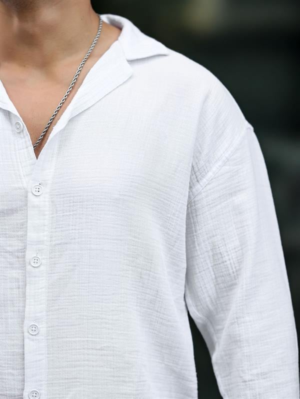 Chemise Homme Oversize en Mousseline de Coton à Col Cubain