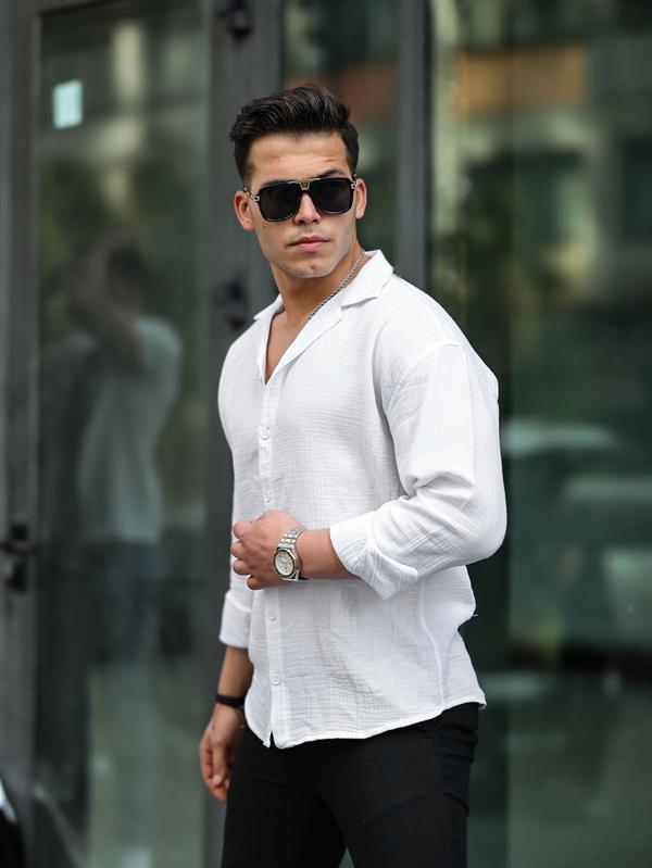 Chemise Homme Oversize en Mousseline de Coton à Col Cubain