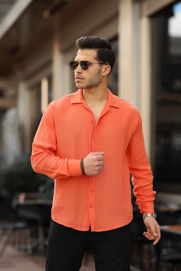 Chemise Homme Oversize en Mousseline de Coton à Col Cubain