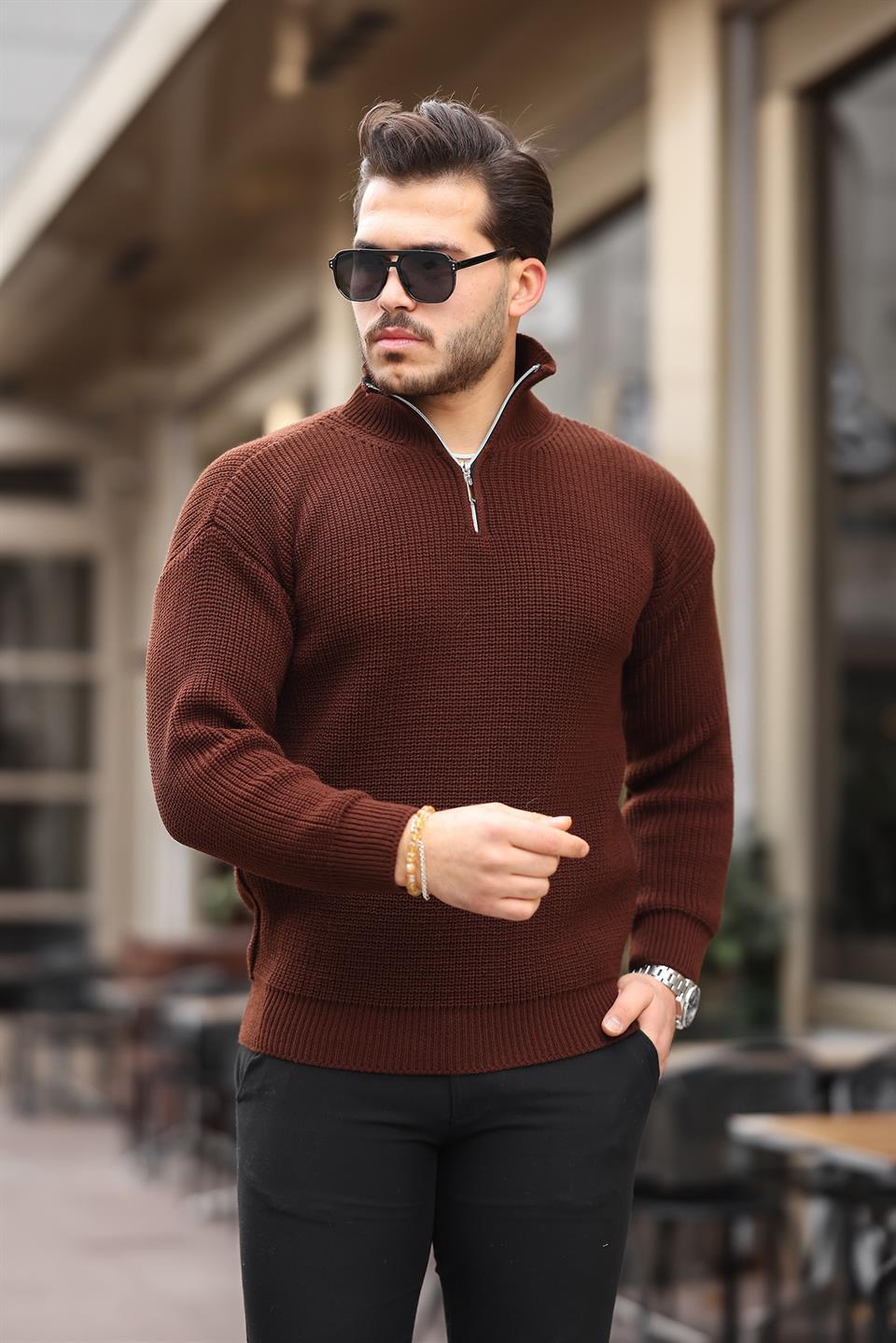 Pull Homme Oversize en Maille Selanik à Demi-Zip