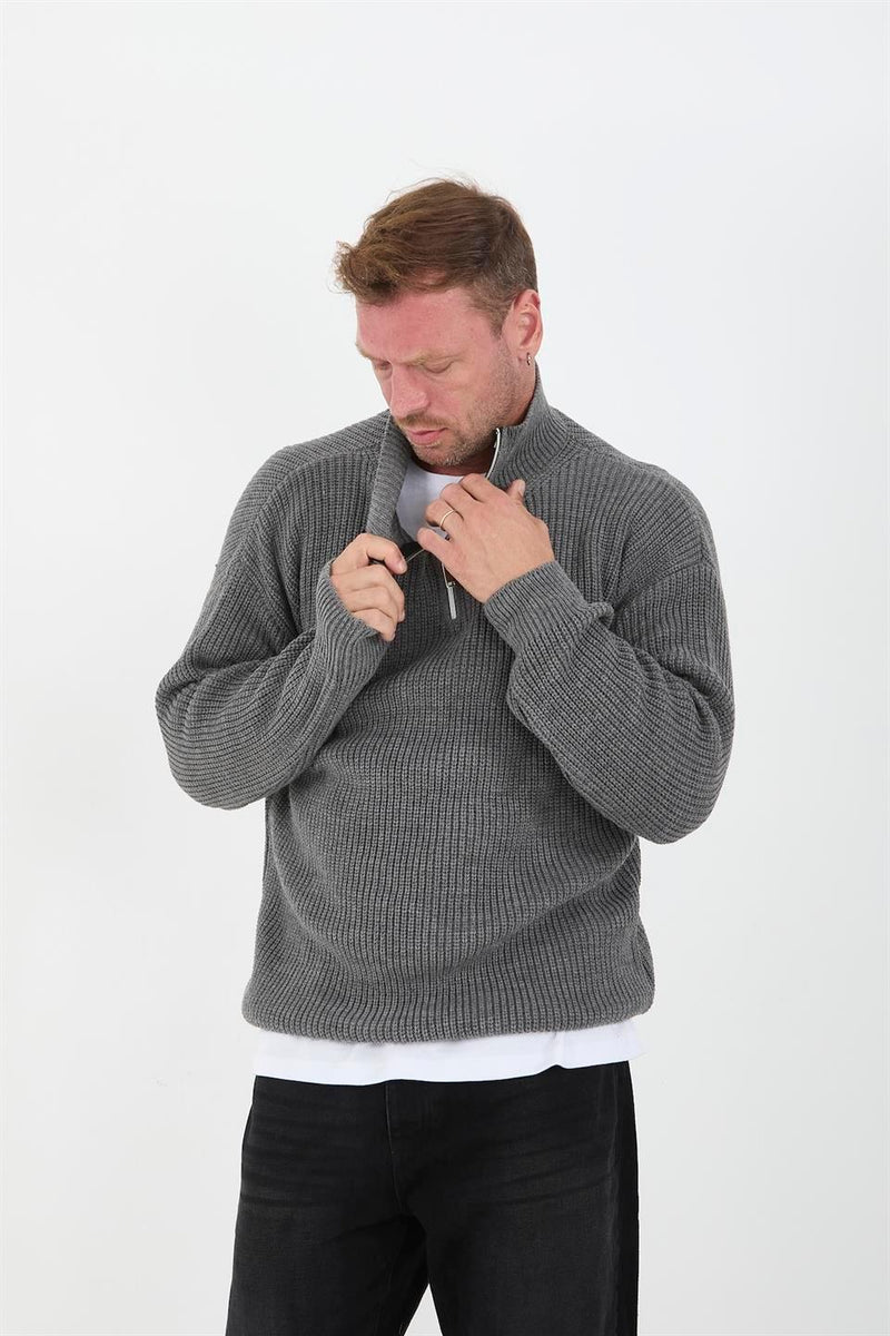 Pull Homme Oversize en Maille Selanik à Demi-Zip