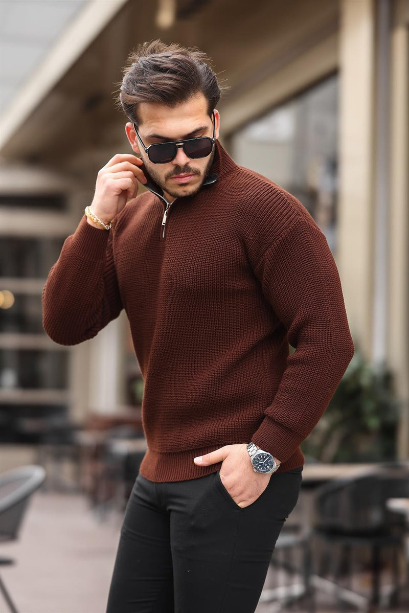 Pull Homme Oversize en Maille Selanik à Demi-Zip