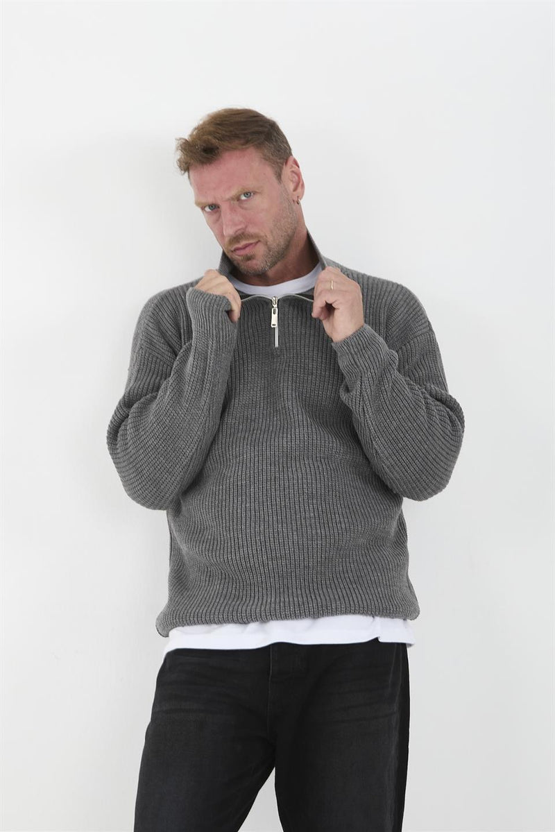 Pull Homme Oversize en Maille Selanik à Demi-Zip