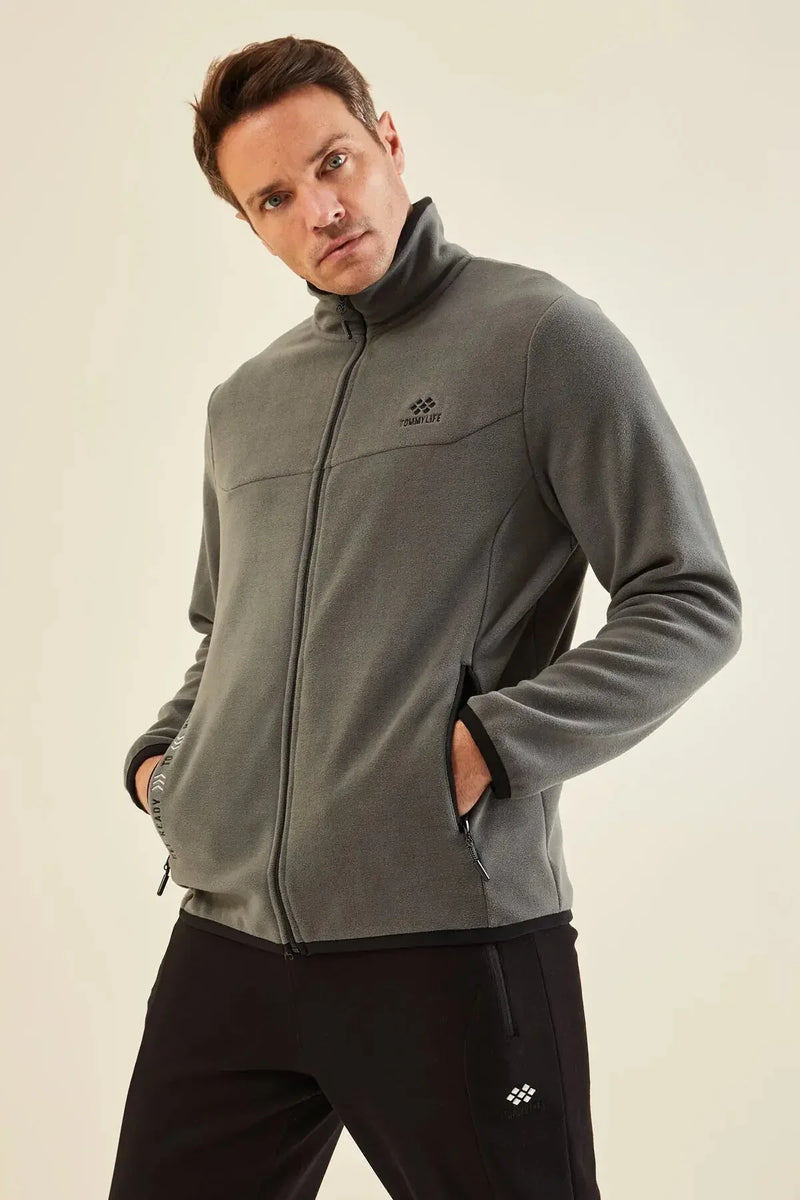 Sweatshirt pour homme en polaire à col montant et fermeture éclair, coupe standard avec broderie - 87992