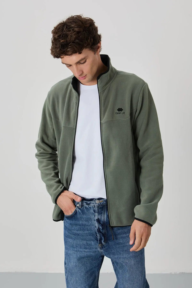 Sweatshirt pour homme en polaire à col montant et fermeture éclair, coupe standard avec broderie - 87992