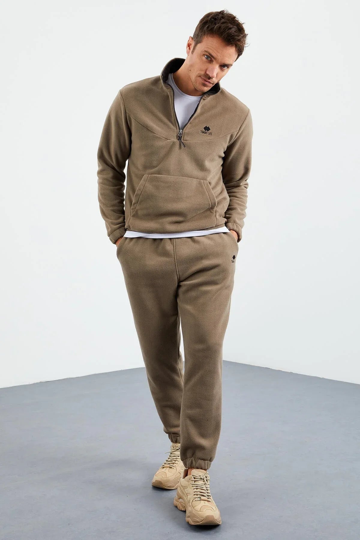 Ensemble de survêtement pour homme en polaire à demi-fermeture éclair, col montant et bas de pantalon élastiqués - 85159 - Justyol