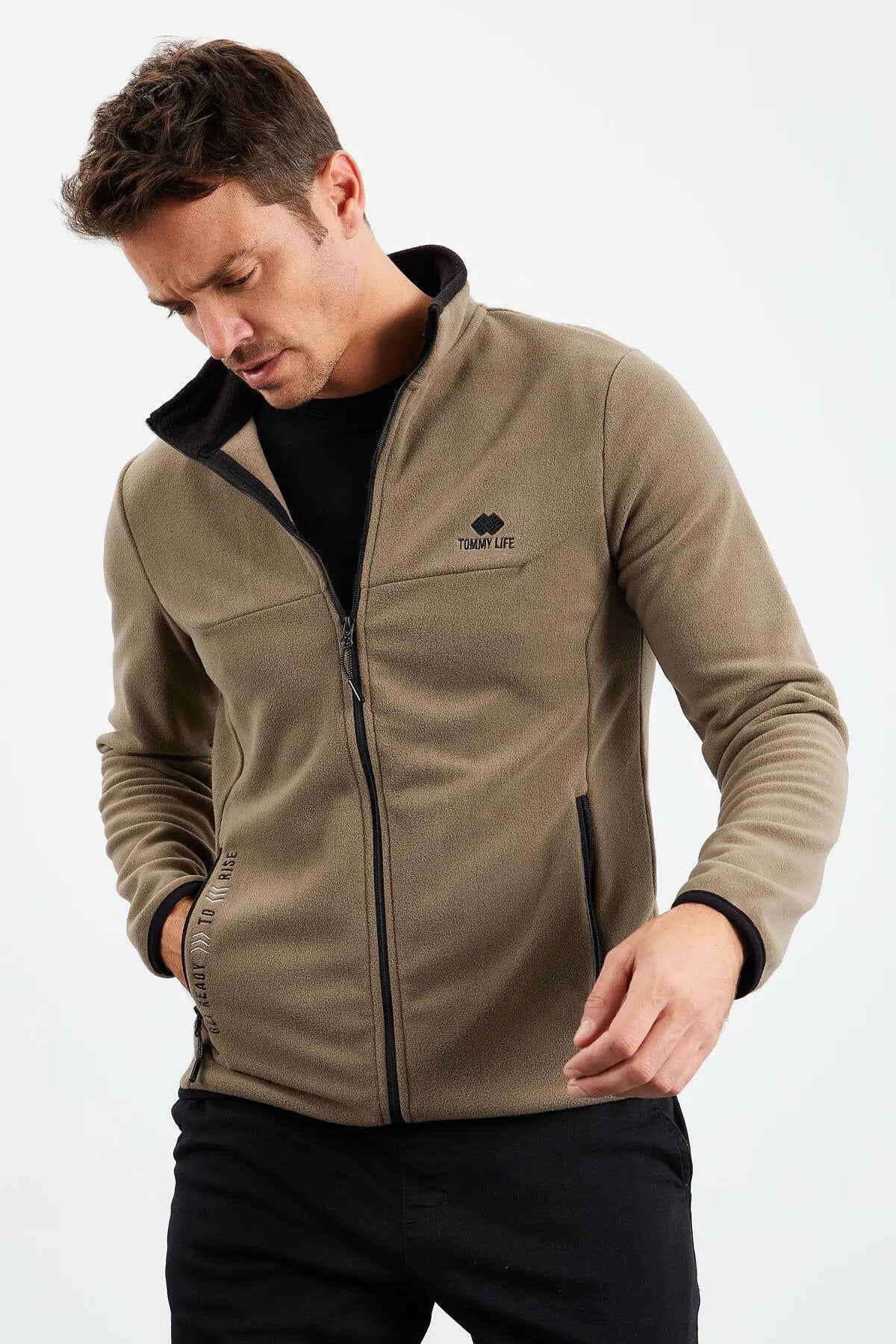 yazi nakişli dik yaka fermuarli standart kalip erkek sweatshirt polar - 87992 - Justyol