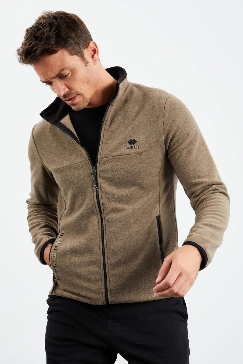 Sweatshirt pour homme en polaire à col montant et fermeture éclair, coupe standard avec broderie - 87992