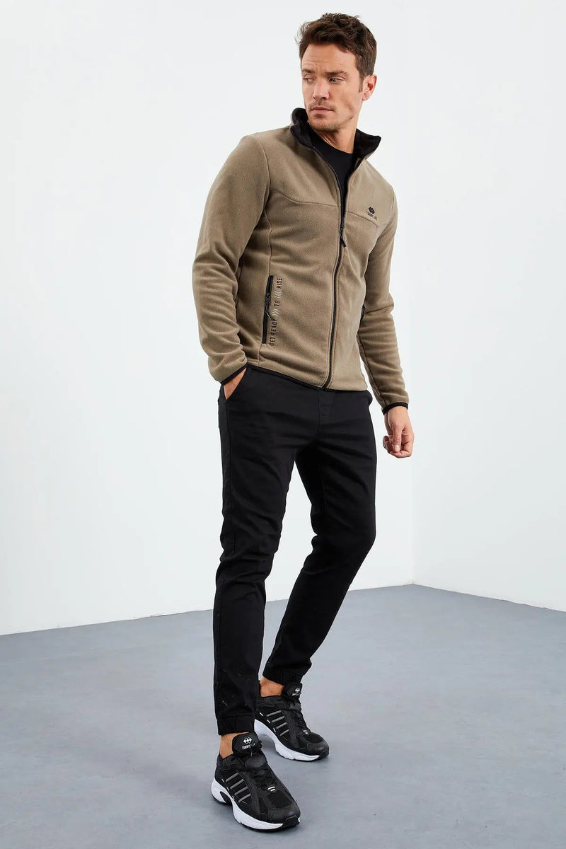 Sweatshirt pour homme en polaire à col montant et fermeture éclair, coupe standard avec broderie - 87992