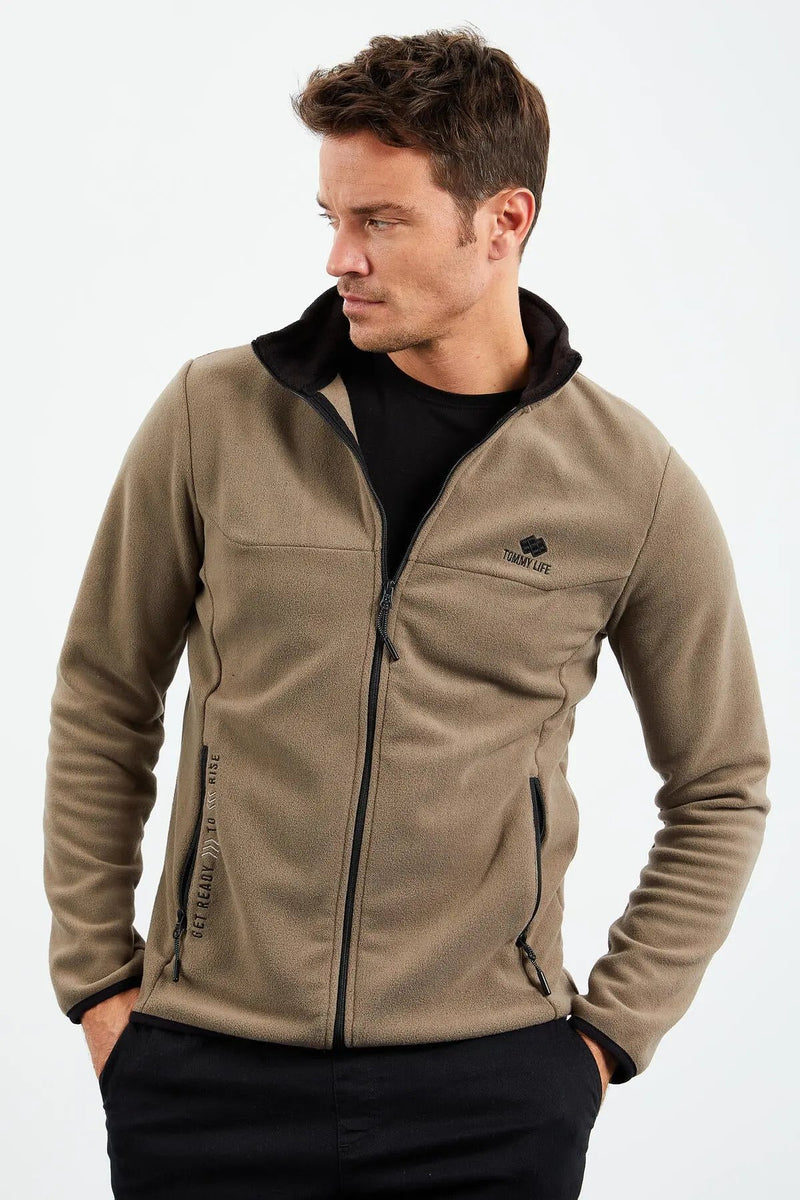 Sweatshirt pour homme en polaire à col montant et fermeture éclair, coupe standard avec broderie - 87992