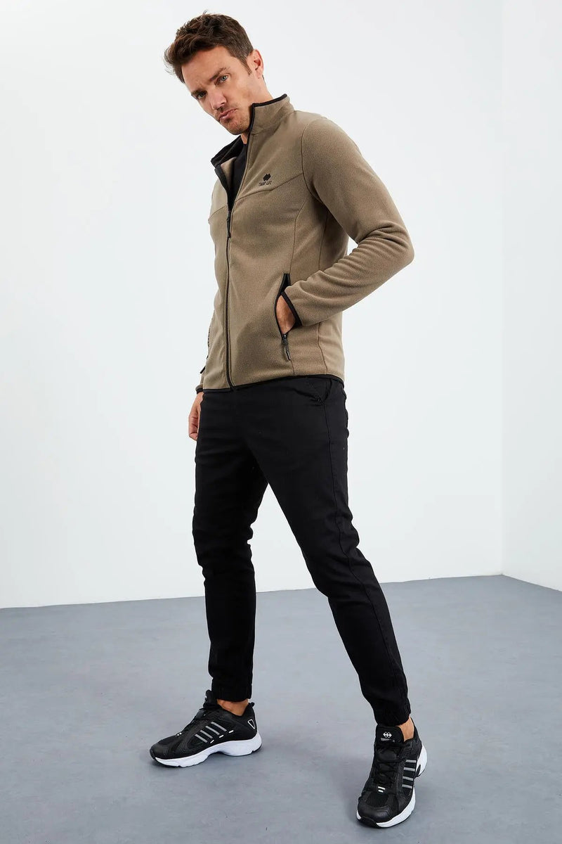 Sweatshirt pour homme en polaire à col montant et fermeture éclair, coupe standard avec broderie - 87992