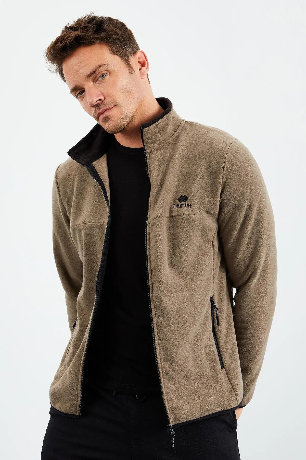 yazi nakişli dik yaka fermuarli standart kalip erkek sweatshirt polar - 87992 - Justyol