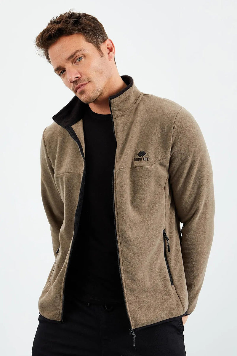Sweatshirt pour homme en polaire à col montant et fermeture éclair, coupe standard avec broderie - 87992