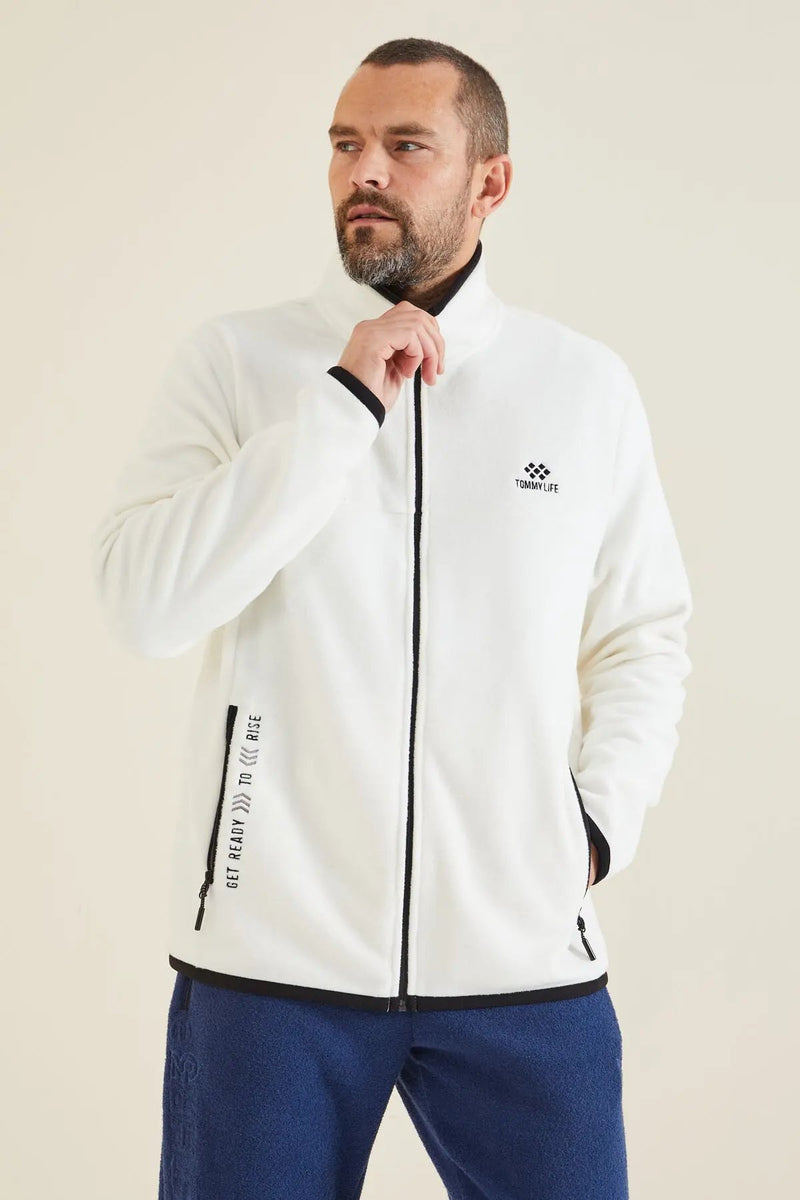 Sweatshirt pour homme en polaire à col montant et fermeture éclair, coupe standard avec broderie - 87992