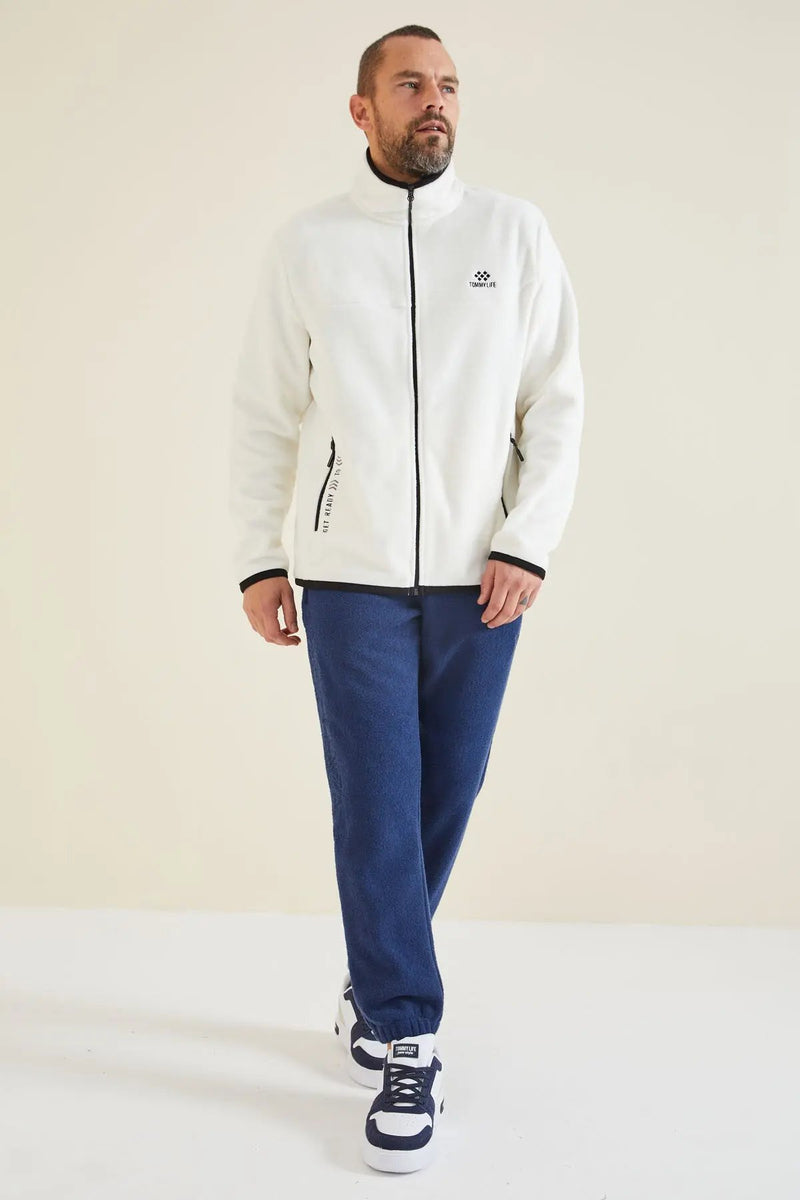 Sweatshirt pour homme en polaire à col montant et fermeture éclair, coupe standard avec broderie - 87992