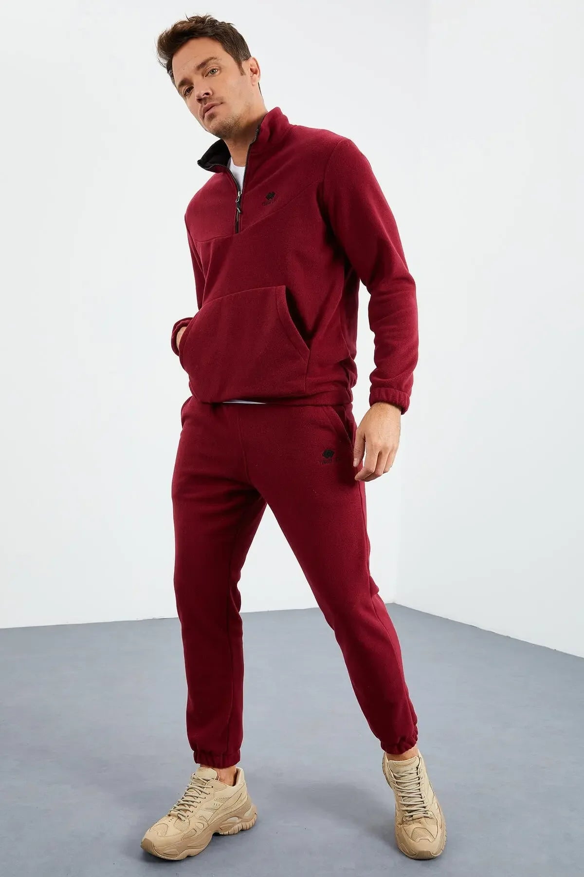 Ensemble de survêtement pour homme en polaire à demi-fermeture éclair, col montant et bas de pantalon élastiqués - 85159 - Justyol