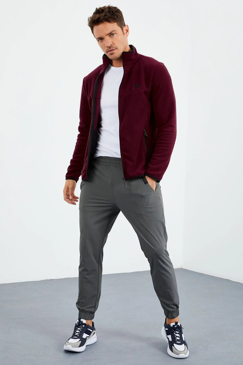 Sweatshirt pour homme en polaire à col montant et fermeture éclair, coupe standard avec broderie - 87992