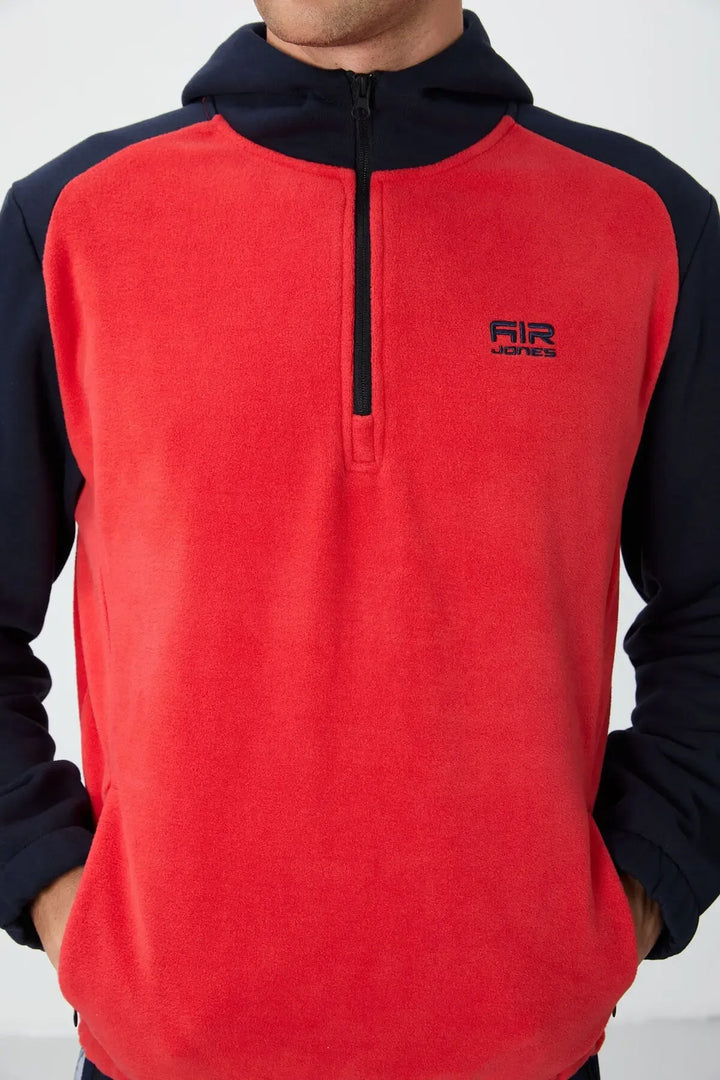 Sweatshirt pour homme en polaire à capuche, coupe standard, avec demi-zip et bloc de couleurs - 88300