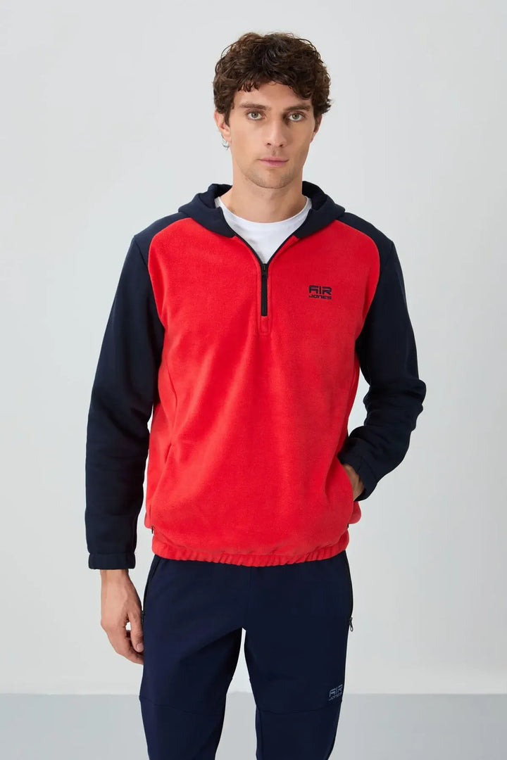 Sweatshirt pour homme en polaire à capuche, coupe standard, avec demi-zip et bloc de couleurs - 88300