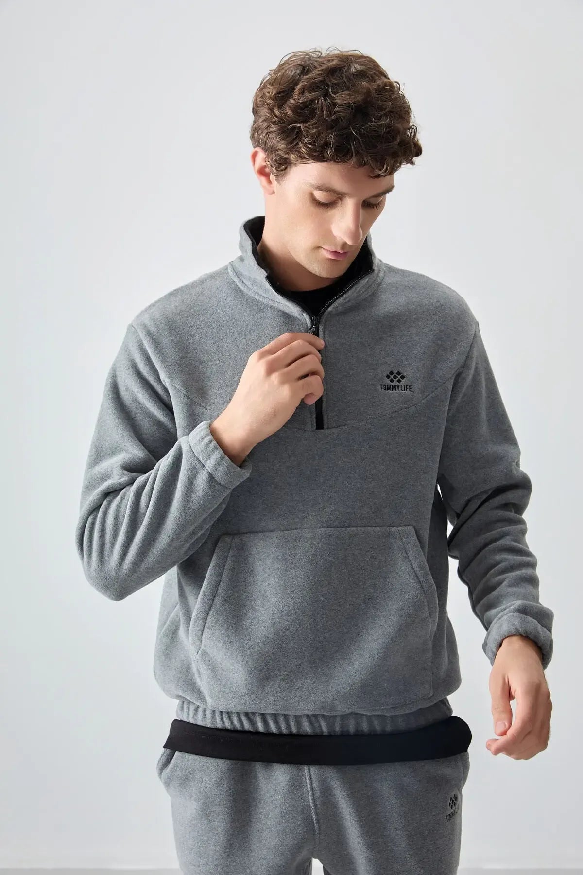 Ensemble de survêtement pour homme en polaire à demi-fermeture éclair, col montant et bas de pantalon élastiqués - 85159 - Justyol