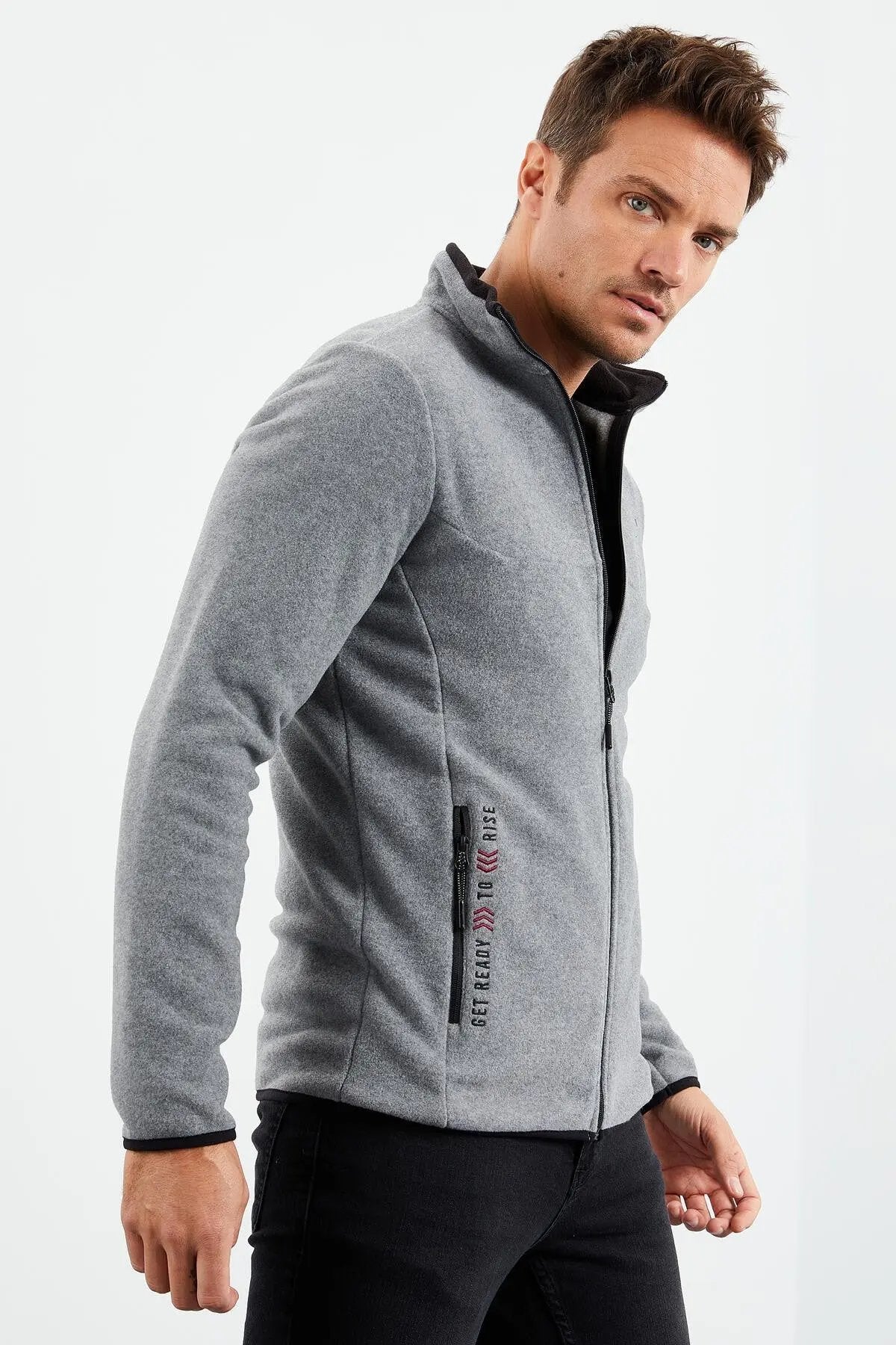 yazi nakişli dik yaka fermuarli standart kalip erkek sweatshirt polar - 87992 - Justyol