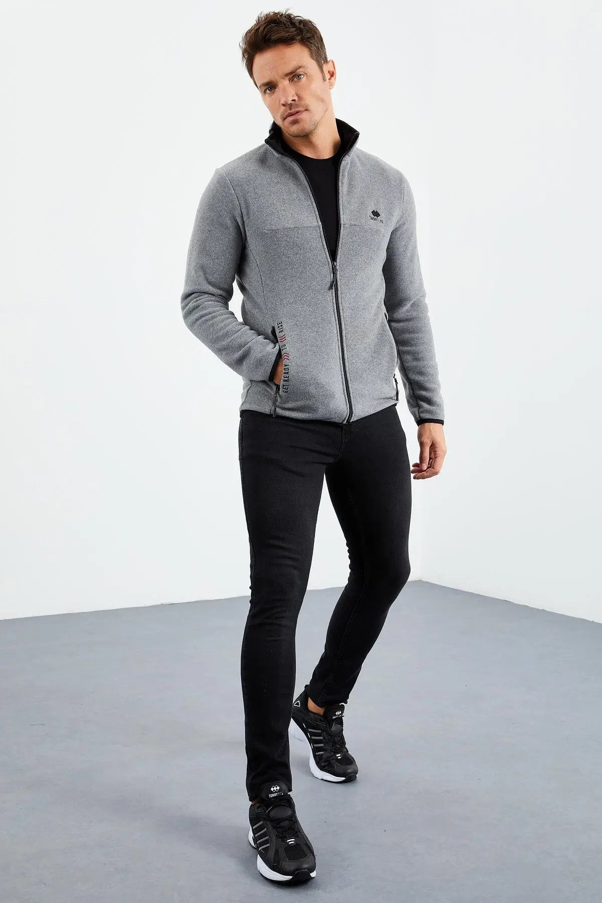 yazi nakişli dik yaka fermuarli standart kalip erkek sweatshirt polar - 87992 - Justyol