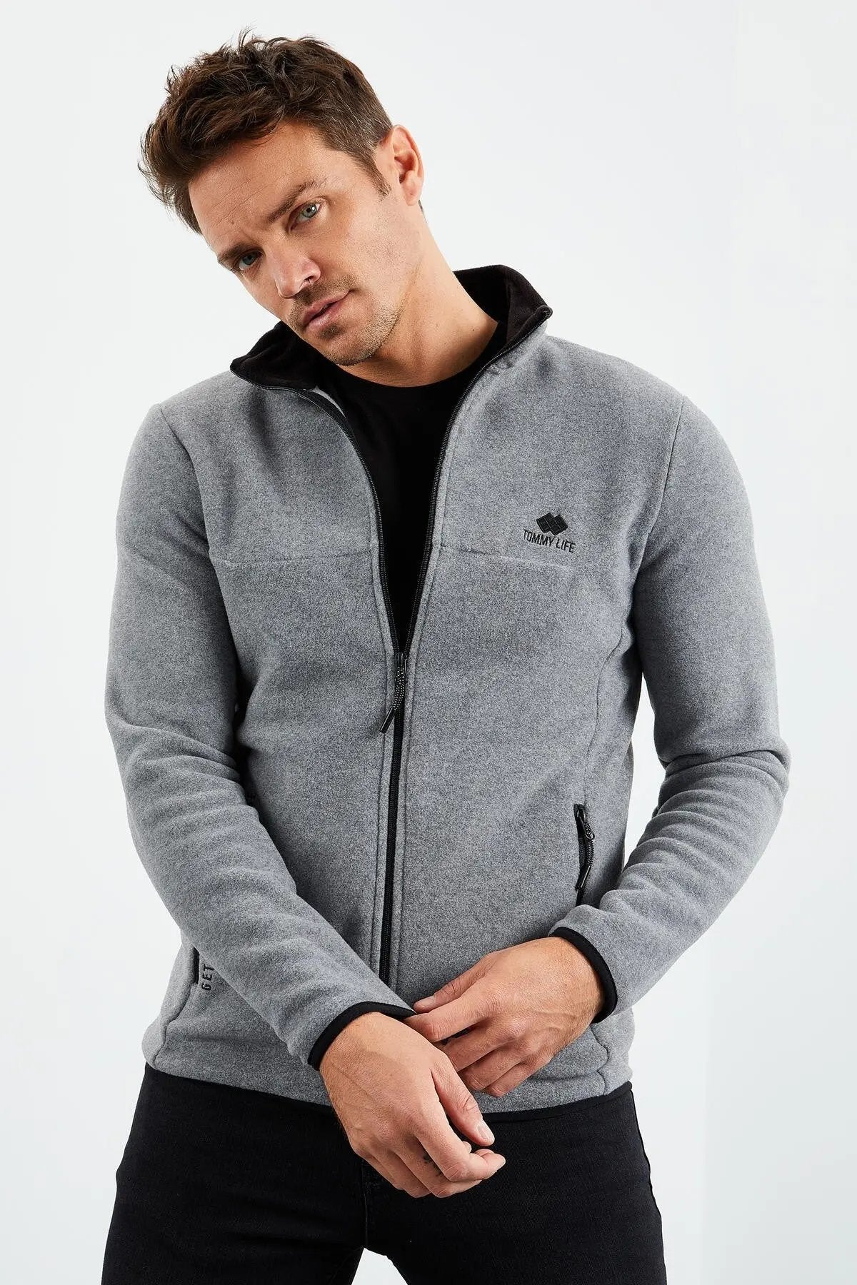 yazi nakişli dik yaka fermuarli standart kalip erkek sweatshirt polar - 87992 - Justyol