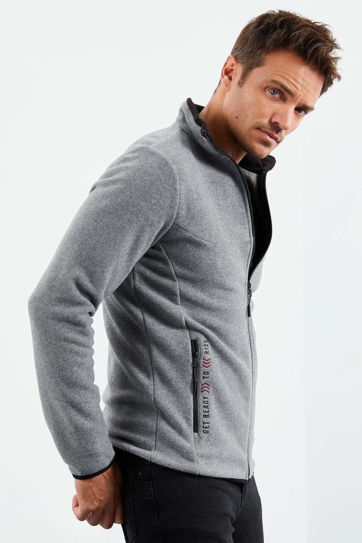 yazi nakişli dik yaka fermuarli standart kalip erkek sweatshirt polar - 87992 - Justyol