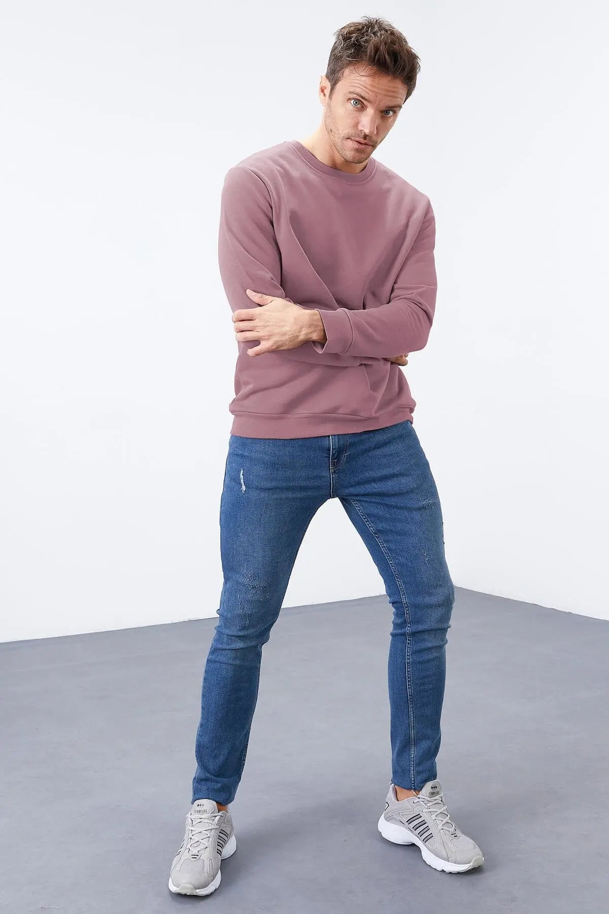 basic o yaka rahat form erkek sweatshirt - 88053 - Justyol
