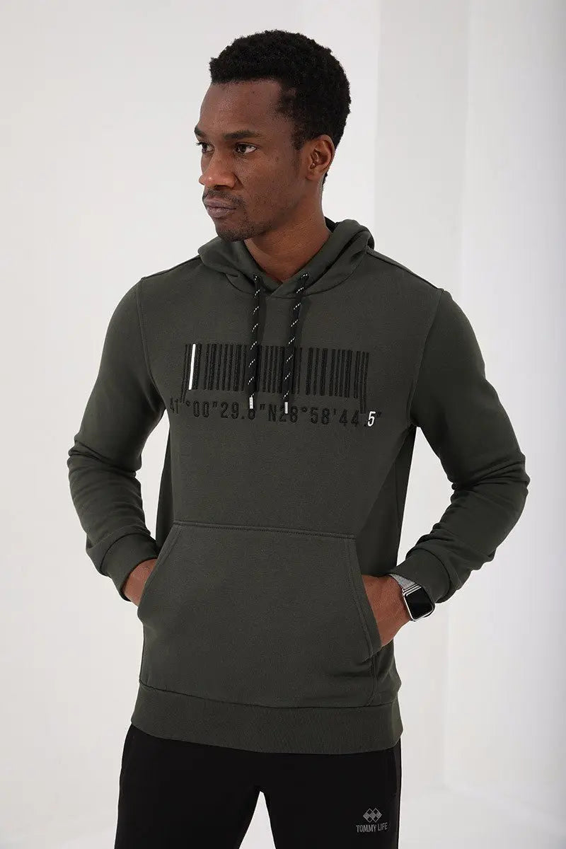 nakişli kanguru cep standart kalip kapüşonlu erkek sweatshirt - 87839 - Justyol