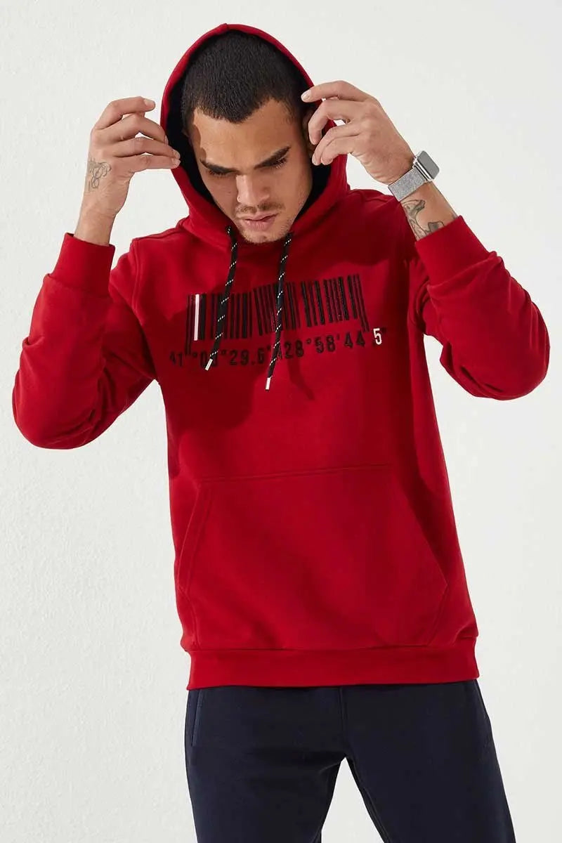 nakişli kanguru cep standart kalip kapüşonlu erkek sweatshirt - 87839 - Justyol