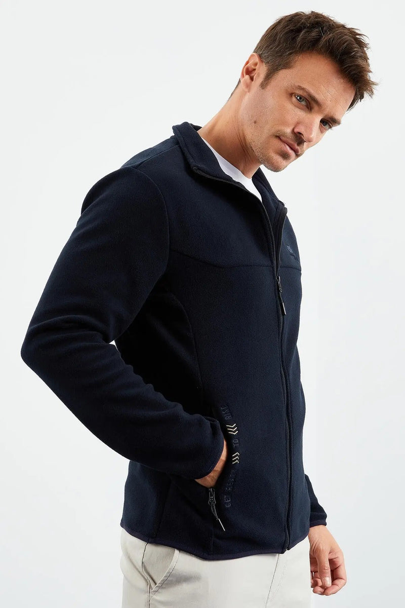 Sweatshirt pour homme en polaire à col montant et fermeture éclair, coupe standard avec broderie - 87992