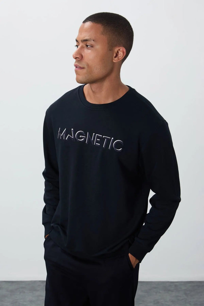 Sweatshirt pour homme à col rond avec broderie, coupe décontractée - 88020