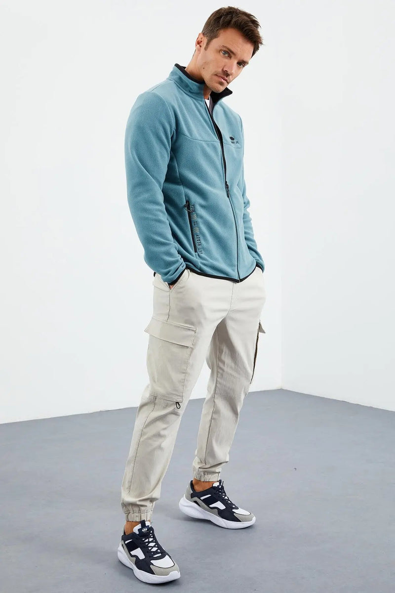 Sweatshirt pour homme en polaire à col montant et fermeture éclair, coupe standard avec broderie - 87992