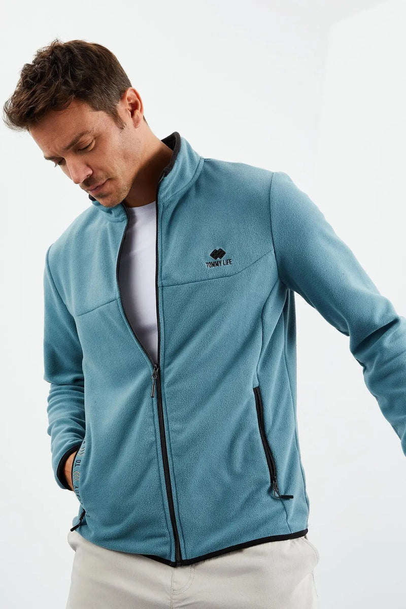 Sweatshirt pour homme en polaire à col montant et fermeture éclair, coupe standard avec broderie - 87992