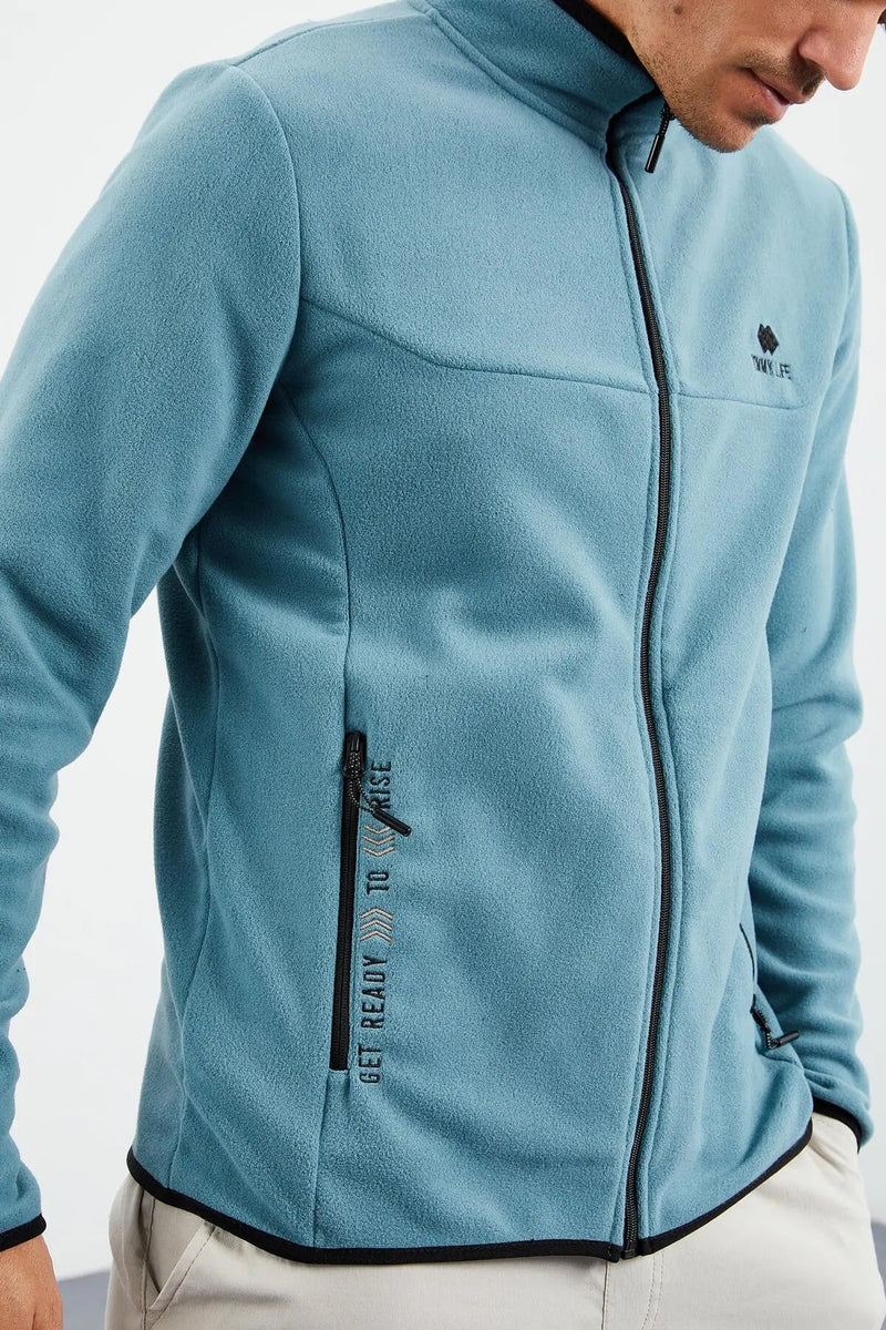 Sweatshirt pour homme en polaire à col montant et fermeture éclair, coupe standard avec broderie - 87992