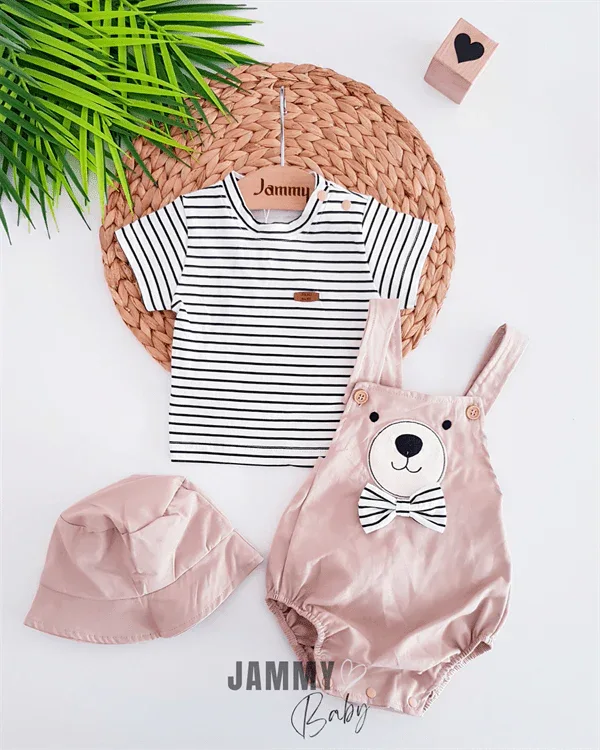 Ensemble bébé garçon 3 pièces t-shirt rayé salopette ours et chapeau - Justyol