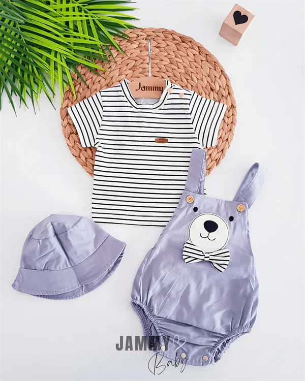 Ensemble bébé garçon 3 pièces t-shirt rayé salopette ours et chapeau - Justyol