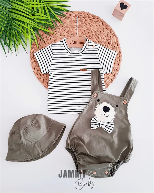 Ensemble bébé garçon 3 pièces t-shirt rayé salopette ours et chapeau - Justyol